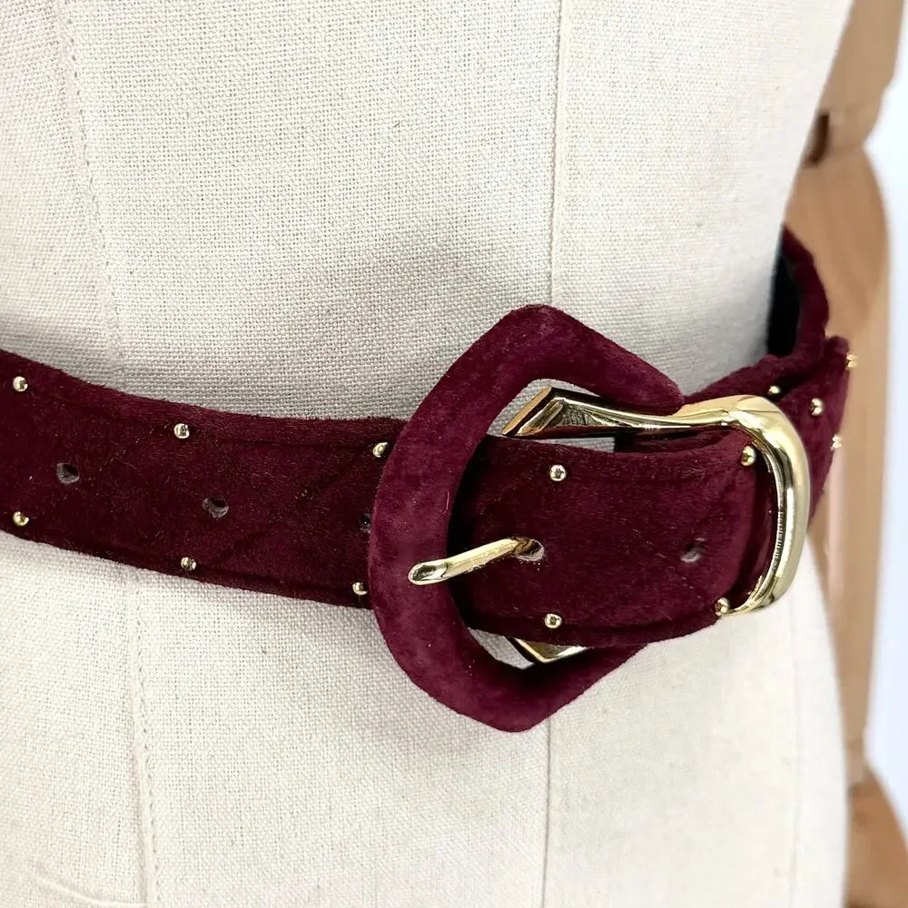 Vintage 90s Magid Burgundy Genuine Suede Studded Gold Buckle Belt